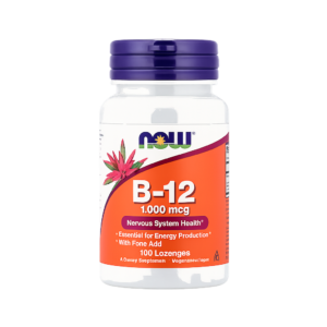 Frasco de Vitamina B12 com Ácido Fólico da marca NOW Foods para energia e vitalidade no site da Cinco Sentidos.