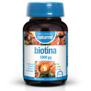 Suplemento de Biotina 5000µg Naturmil para fortalecimento do cabelo e manutenção da pele.