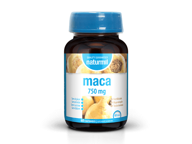 Suplemento de Maca Raiz 500mg Naturmil para energia e vitalidade.
